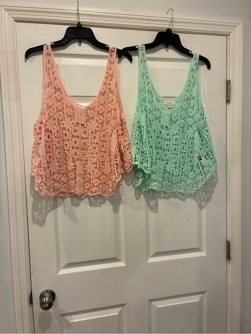 POL Lace Overlay Scoop-Neck Crochet Tanks - Peach & Mint